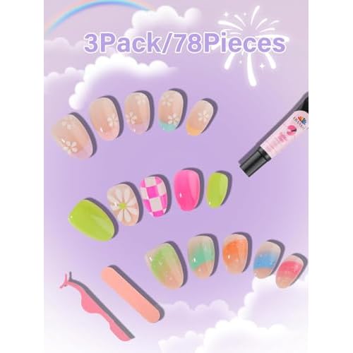 TOROKOM 78 Pieces Press on Nails, Fake Nail Kit Colourful Flower Stick on Nails for Girls Gift Age 8-12, Full Cover Short Acrylic Nails with Nail Adhesives and Glue
