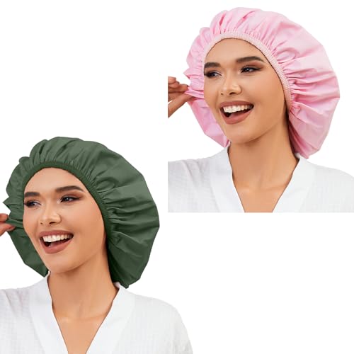 2 Pack Shower Caps for Women, Reusable Waterproof Shower Cap with Elastic Band, Thickened Waterproof Fabric Shower Bonnet for Braids, Long Hair (Pink and Green)