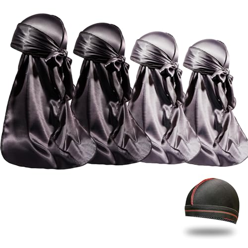 4PCS Silky Durags for Men Women 360 Waves with 1 Wave Cap, Silky Satin Durag Extra Long Tails