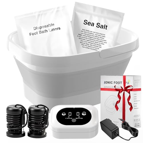 Ionic Foot Bath Detox Machine,Foot Detox Foot Bath Soak Tub with 2 Arrays,80 Disposable Foot Bath Liners,Detox Sea Salt,Folding Foot Spa Bucket,Home Salon-Level Foot Soaking Tub2