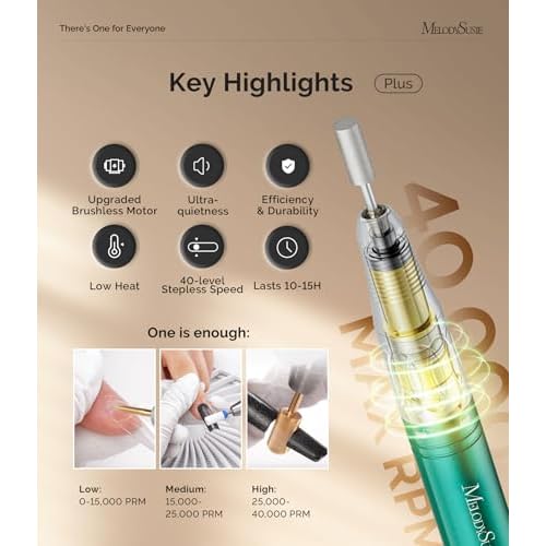 MelodySusie Professional Clip-On Cordless Nail Drill with Premium Motor, MB450C 40000RPM Vintage-Style E-File with Max Torque and Extended Lifespan for All Manicure Shaping, Gel Removal & Salon Use