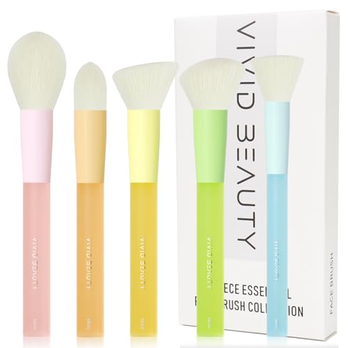 5pcs Multi Color Face Makeup Brush set ? Powder, Kabuki, Angled Fluff, Blush Brushes with Vegan Bristles That Mimic Natural Wool ? Non-Slip Rubber Handles ? Perfect for Contouring, Setting, Blending