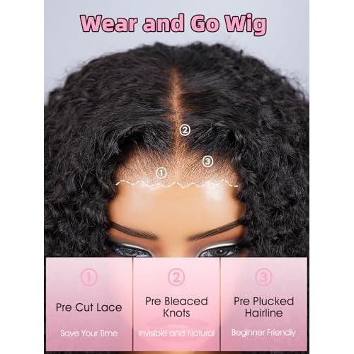 Kinky Curly Wear and Go Glueless Wigs Human Hair Pre Plucked Pre Cut 7x5 Lace Front Wig Pre Bleached Knots 180% Density Closure Wigs Human Hair for Women Natural Color 16 Inch