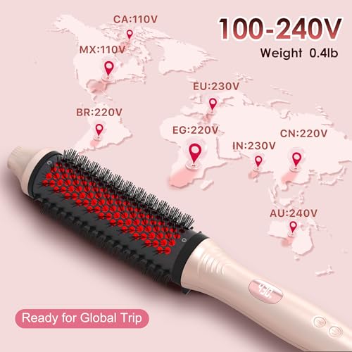 Infrared Thermal Brush, 1.65 inch Heated Round Brush for Blowout Look, Universal Voltage, Negative Ion Technology, 6 Temperature Settings, Less Damage, Pink Gifts for Women Teen Girls