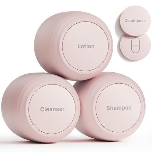 New Travel Toiletry Containers [Ultra Leakproof] TSA-Approved, PLA Hard Shell Jars with 5 Magnetic Labels, Wide Mouth Bottles for Lotion, Cleanser, Shampoo, Conditioner, Pink, 3 Pack, 1OZ