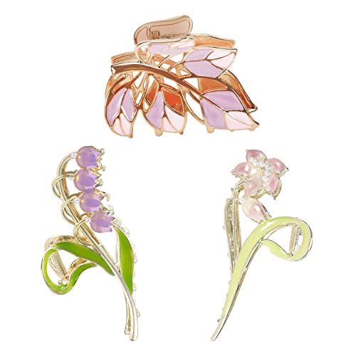 3-Piece Flower Metal Hair Clips, Purple Leaves Shape Hair Claw for Thin/Medium Hair, Elegant Lily Floral Barrettes - Strong Hold, Non-Slip Cute Accessories for Thick Hair