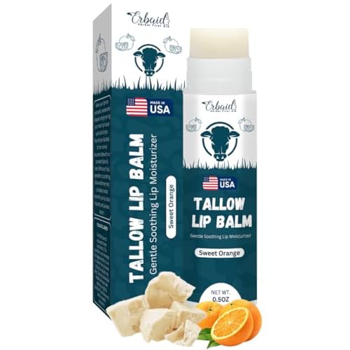 Beef Tallow Lip Balm ? Natural Tallow Beeswax Chapstick ? Hydrating Moisturizer Grass Fed Tallow Balm Lip Care ? Soothes Chapped, Dry Lips, Sensitive Skin ? Long Lasting Vitamin Rich USA-Made Orange