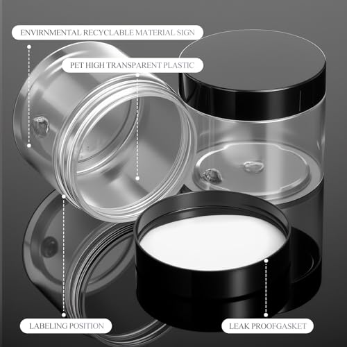 Patelai 60 Pcs Plastic Container Jars with Lids Round Clear Travel Cosmetic Container Jars for Toiletries, Lotion, Cream, Ointments, Makeup, Rhinestone, Samples, Kitchen Storage(Black,6 oz)