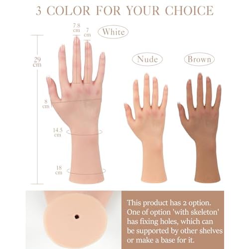 KUMIHO Realistic Silicone Female Hand Model Fake Hand for Jewelry Display Tattoo Training Practice Art Sketch with Nails, 1 Pair -with Skeleton, Brown