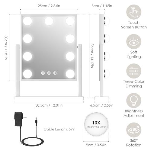 Vanity Mirror with Lights, Makeup Mirror with 3 Lighting Modes, Light Up Mirror with Touch Sensor, AC-Powered, 360 Rotatable, Metal Frame, with Detachable 10X Magnifying Spot Mirro, 14.1"