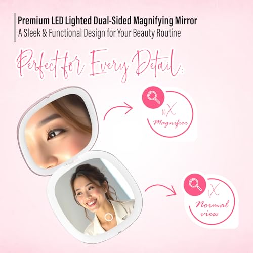 4" LED Compact Mirror ? 1x & 10x Magnification | Travel Makeup Mirror with Adjustable Lighting | Handheld & Pocket-Sized Portable Mirror with Protective Pouch (Pink)