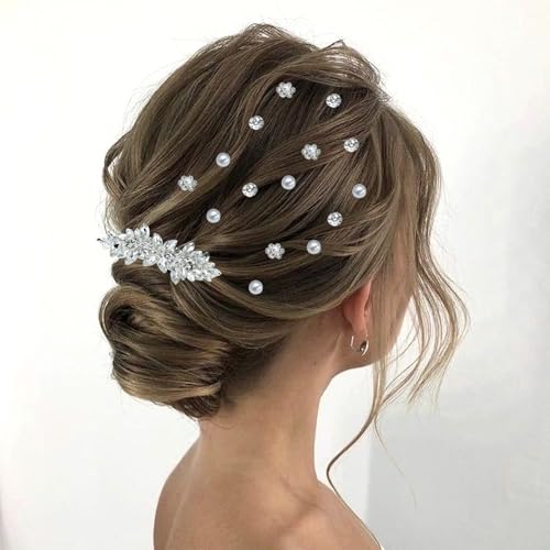 40 Pieces Rhinesetones Hair Clips, Include 4 Piece Crystal Hair Pins and 36 Pieces Spiral Hair Gems, Swirl Diamond Pearl Hairpins Flower Sparkling Hair Accessories for Wedding,brides, Party, Prom