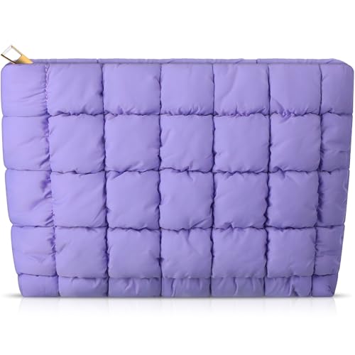 Hillban Purple Puffy Quilted Makeup Bag Quilted Cosmetic Bag Cute Puffer Toiletry Checkered Pouch Aesthetic Travel Makeup Brushes Organizer(Classic)
