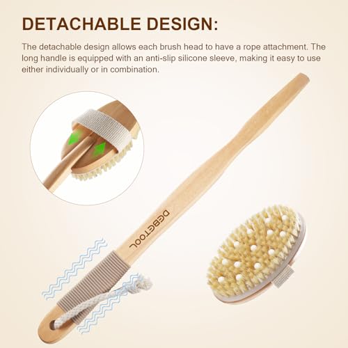Dry Brushing Set - Natural Boar Bristle Body & Face Brush, Wooden Long Handle Scrub Brush for Cellulite & Lymphatic Drainage, Detachable, 3 Brush Heads
