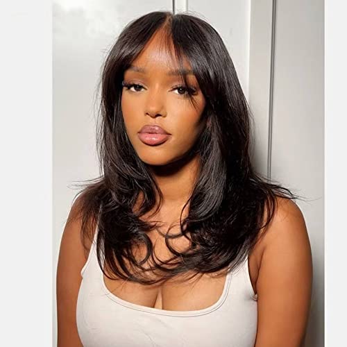 HD Transparent Lace Natural Straight Human Hair Wigs with Bangs Brazilian Remy Hair Layered Straight 13X4 Lace Front Wig Pre plucked Bleached Knost For Woman 150% Density Natural Black