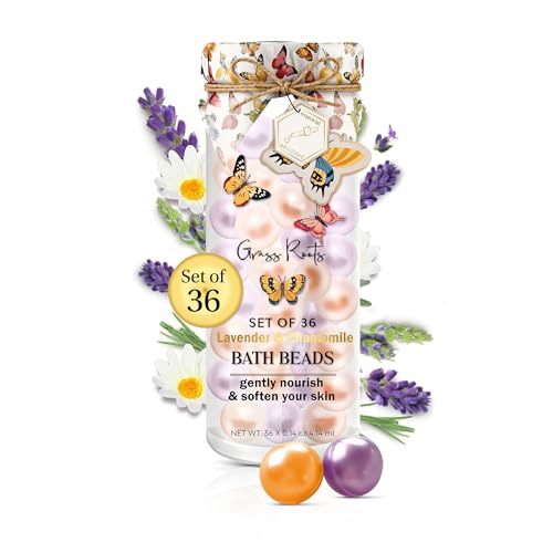 Grass Roots Bath Oil Beads Set of 36 - Lavender & Chamomile Scented Bath Beads - Essential Oil Soaked Pearls to Gently Nourish & Soften Skin - Luxurious Bath Experience