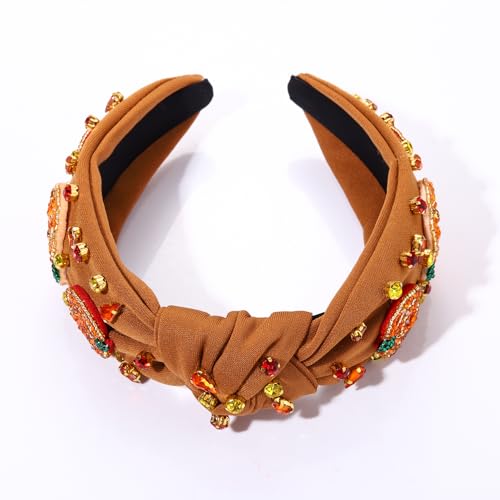 Thanksgiving Headband for Women Fall Accessories Beaded Pumpkin Headbands Jeweled Rhinestone Crystal Knotted Headband Thanksgiving Fall Hair Accessory Gifts (Pumpkin 1 - Brown)
