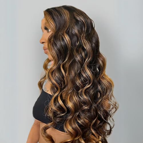 BQRIH 12A Brown Highlight Body Wave Bundles Human Hair 20 22 24 In Brazilian Virgin Wavy Weaves F1B/30 Black and Honey Blonde Ombre 3 Bundles Soft Balayage Colored Human Hair Extensions For Women Remy