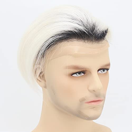 ZigZag Hair Mens Toupee Black Roots Ombre Platinum Blonde 8x10inch Human Hair #60 Color Lace Front Toupee for Men Soft Thin Skin Mens Hair pieces Hair Replacement System Mono with PU around Base (8x10, Ombre #60)