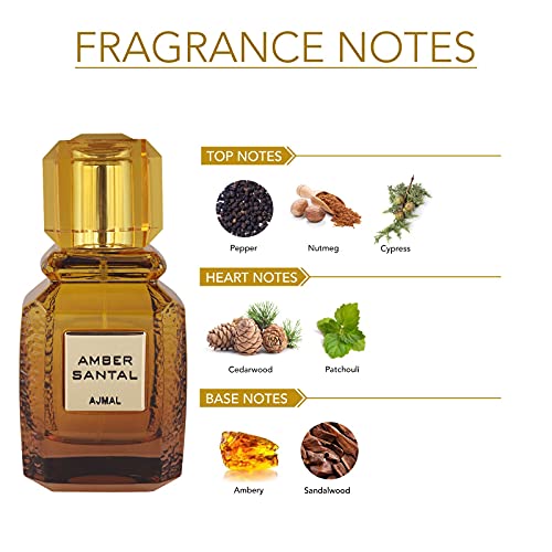 Ajmal Amber Santal Eau de Parfum 3.4 oz / 100 ml ? Unisex Spicy, Woody & Ambery Fragrance with Sandalwood, Incense & Nutmeg | Long-Lasting Luxury from Dubai
