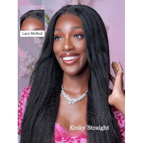 ISEE Glueless Wigs Human Hair Kinky Straight Pre Plucked Pre Cut, 9X6 M Cap HD Lace Closure 180% Density, No Glue, Reay to Wear Wig for Beginner, Natural Color (Kinky Straight, 18 Inch)