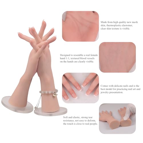 Silicone Realistic Female Hand Acrylic Nails Pratice Training For Nail Art Showing Jewelry Life Size Female Model Flexible Bendable (Pair Hand-With Skeleton, Ivory)