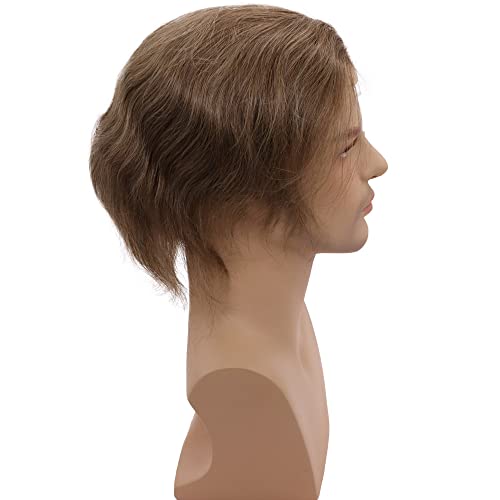 Men toupee Swiss Lace Front Natural Hairline with PU Skin V-looped European Human Hair Replacement System for Man Wigs 8x10 Inches Medium Density Hairpiece (#18 Dark Blonde Brown Color)