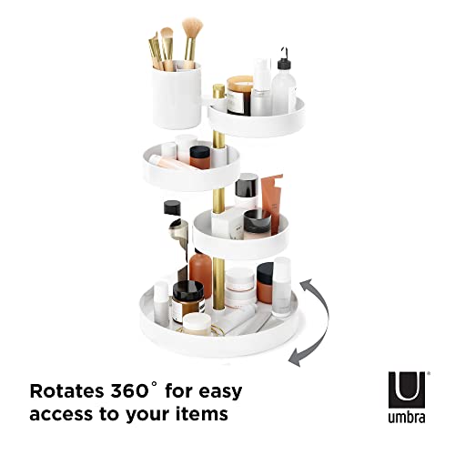 Umbra Pirouette Cosmetic Organizer, Large Capacity Makeup Storage with Adjustable Compartments, White/Brass
