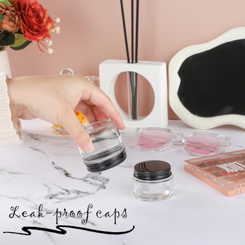 24 Pack 2oz Clear Glass Jars Small Glass Containers with Black Metal Lids Empty Cosmetic Jars with Inner Liners and Lids Clear Glass Lotion Jars with Labels for Traveling