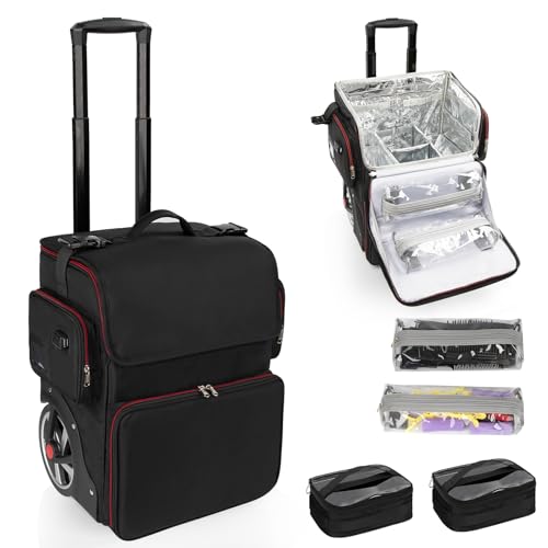 OCHEAL Hairtylist Travel case,Large Makeup Train Cosmetic Makeup Case, Hairdresser Bag with Detachable Pouch,Heat Insulation Anti-scalding Full layer Hairdressing Tool Organizer Trolley with wheels