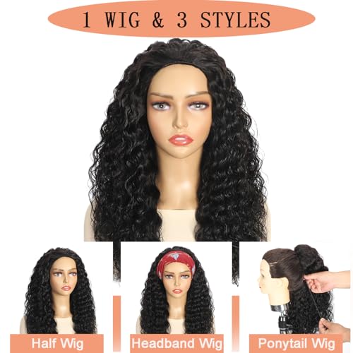 Half Wig Human Hair Deep Wave 3 In 1 Half Wigs for Black Women 200% Density Wear and Go Glueless Wigs Human Hair Drawstring Ponytail Seamless Flip Over No Lace Headband Wig Beginner Friendly 22 Inch