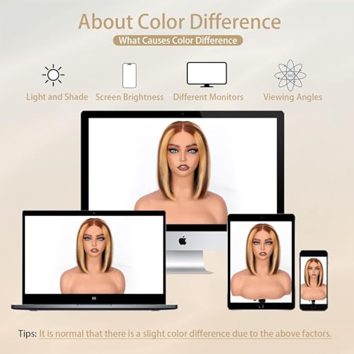 Selina 4x4 Straight Highlight Ombre Bob Wig Human Hair Hd Lace Front Wigs Human Hair Gluless 100% Remy Hair for Women Transparent Lace Wig 12 Inch