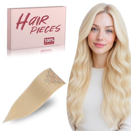 Clip in Hair Extensions Long Straight, 100% Real Human Hair,No Tangle & Smooth,130g, 22 Inch#60 Platinum Blonde