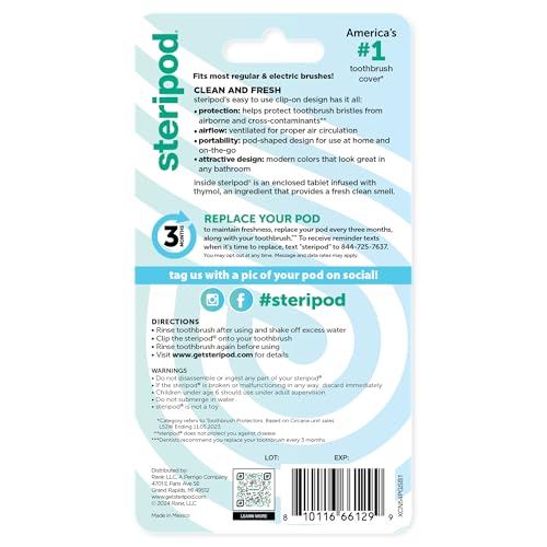 Steripod Clip-on Toothbrush Protector, Green/Silver, 2 Count
