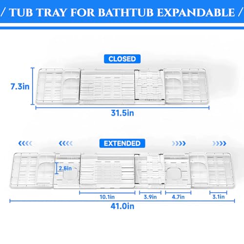 Expandable Acrylic Bathtub Tray for Tub, Bath Caddy Tray Table for Bathtub, Adjustable from 31.5 to 41 inch, Bathtub Rack fits Most Bathtubs and Bathroom D?cor, Bath Tub Shelf Accessories for Women