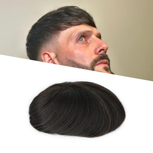 Black Human Hair Toupee for Men 1B Swiss Lace Front Remy Hairpiece Bleached Knots (1B-PUaround)