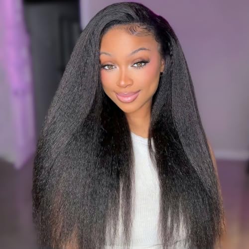 Kinky Straight Half Wig Human Hair 200 Density 3 In 1 Seamless Flip Over Half Wigs Human Hair Glueless Wear and Go Beginner Friendly Kinky Straight Human Hair Drawstring Headband Wig for Women 20 Inch