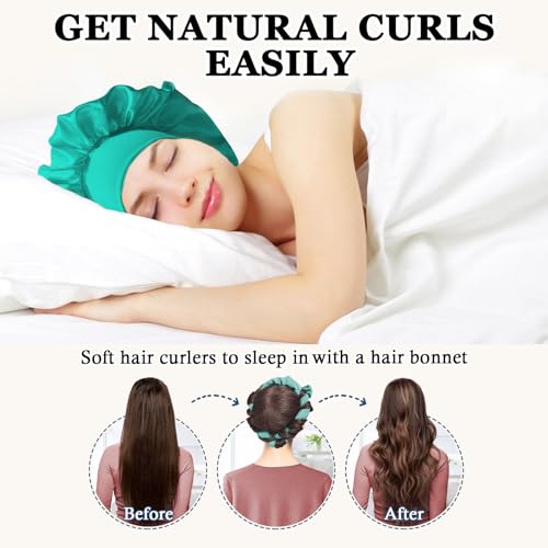 No Heat Overnight Curl Headband, 70" Soft Ribbon Wrap for Long Hair, 9 PCS Hair Curling Rods Set - Blue Green