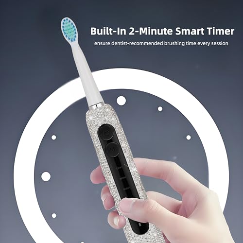 Diamond Sonic Electric Toothbrush Bling Rechargeable Toothbrushes for Adults with 6 Brush Heads Vibrating Toothbrush-5 Modes, USB-C Fast Charge,2Min Smart Timer,IPX7 Waterproof(White)