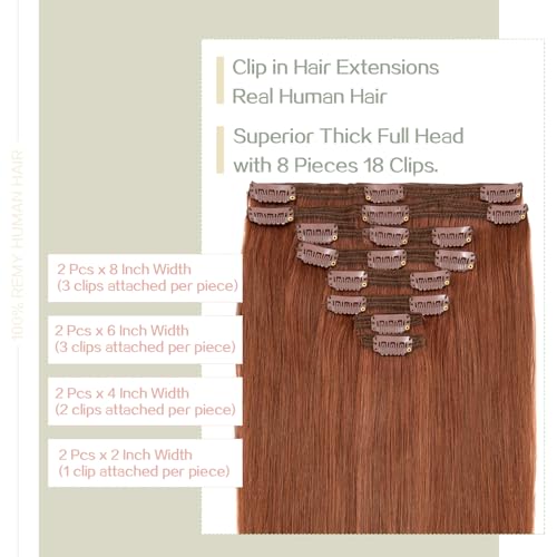 S-noilite Clip in Hair Extensions Real Human Hair Double Weft Thick 100% Remy Human Hair for Women Full Head 8 Pieces 18 Clips Straight (20 Inch - 150g,Dark Auburn (#33))