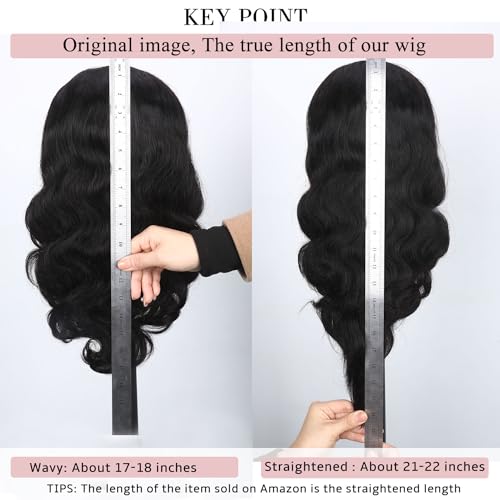 Fancy Hair Natural Wavy Human Hair Wig with Bangs Lace Middle Part Glueless Body Wave Brazilian Virgin Human Hair Wigs with Bangs for Black Women Natural Black 20 inches