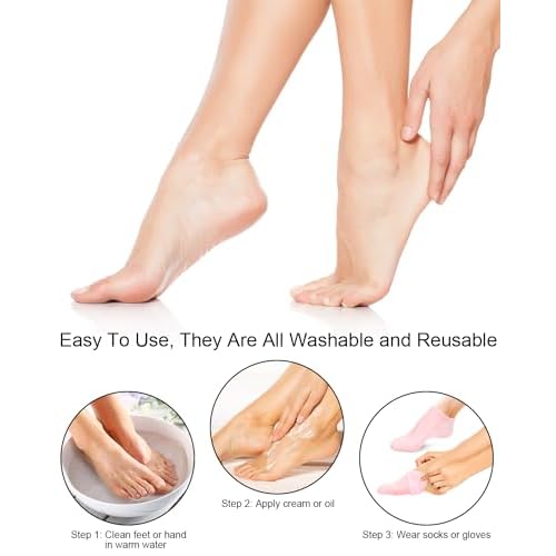 2 Pairs Silicone Moisturizing Glove Socks Set, Anti Slip Soft Spa Gel Socks Softening Feet Dry Cracked Skin, Women Spa Pedicure Socks for Foot Hand Softening, Foot Care After Pedicure (White)