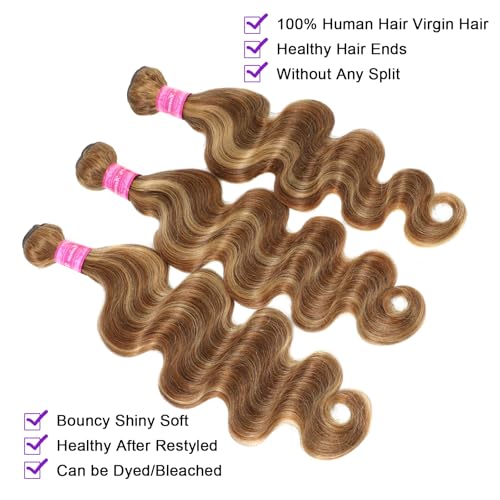 Vallbest Ombre Human Hair Bundles with Closure 20 22 24 +18 Inch Highlight Blonde Bundles Human Hair 4/27 Brown Body Wave with 4x4 Closure 12A Brazilian Virgin Remy Weave Raw Hair Extensions