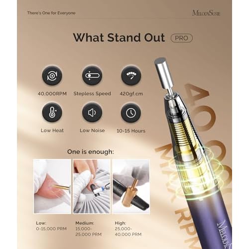 MelodySusie Professional Clip-On Cordless 2-in-1 Nail Drill with Adjustable Built-In Stand and Premium Motor, MB420G 40000RPM E-File with Max Speed for All Manicure Shaping & Gel Removal for Salon Use