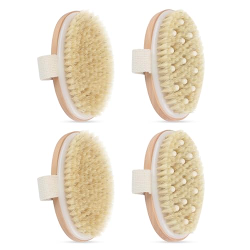 4 Pack Dry Body Brushing Brushes, Natural Bristle Exfoliating Scrub Brushes with Massage Nodes for Lymphatic Drainage, Skin Firming, Acne Treatment, and Cellulite Reduction
