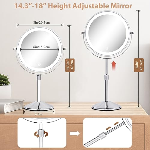 8" Lighted Makeup Mirror with Adjustable Height, 1X/10X Magnification, Rechargeable LED Vanity Mirror with 3 Color Modes, 360¡Æ Rotating Touch Screen, Magnifying Tabletop Cosmetic Mirror