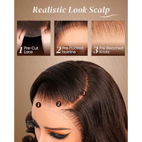 Arabella Pre Everything 13x6 Full Lace Body Wave Glueless Wig Human Hair Pre Plucked Pre Cut Omber Highlight Dark Brown 230% Density Lace Bleached Knots Ready to Go Wig 20 inch