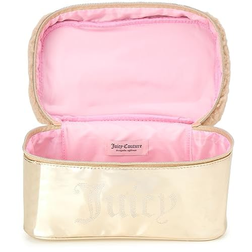Juicy Couture Gold Makeup Bag Cosmetics Organizer Travel Essentials Train Case Shiny Rhinestones Faux Shearling