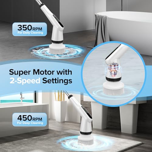 Electric Spin Scrubber, Dreazu IPX7 Bathroom Scrubber with 7 Replaceable Floor Machine Pads & Retractable Handle, 2-Speed Adjustable Shower Cleaner Brush for Bathroom, Bathtub, Kitchen, Tile Floors