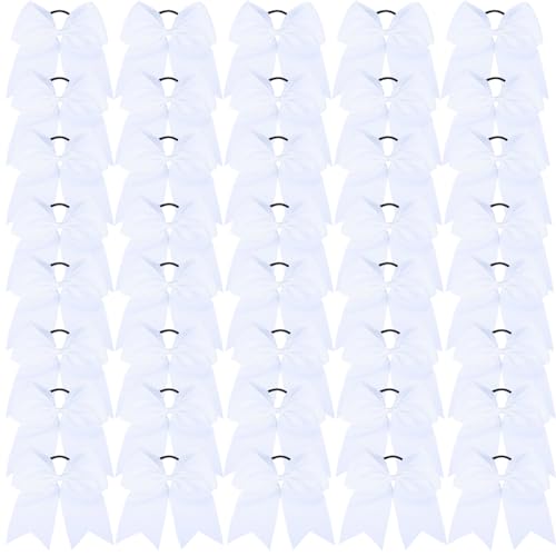 40Pcs 8" Large Cheer Hair Bows Grosgrain Ribbon Elastic Bands Handmade Ponytail Holder for Cheerleading Girls School College Sports (white)